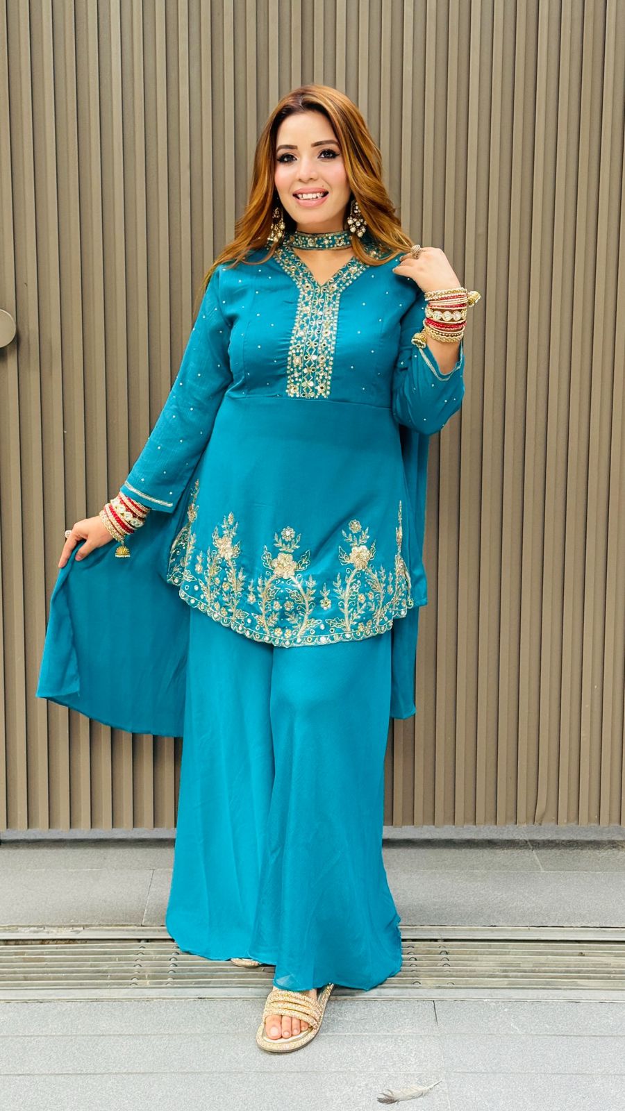 Aamira Peplum Suit Set- Blue, Yellow